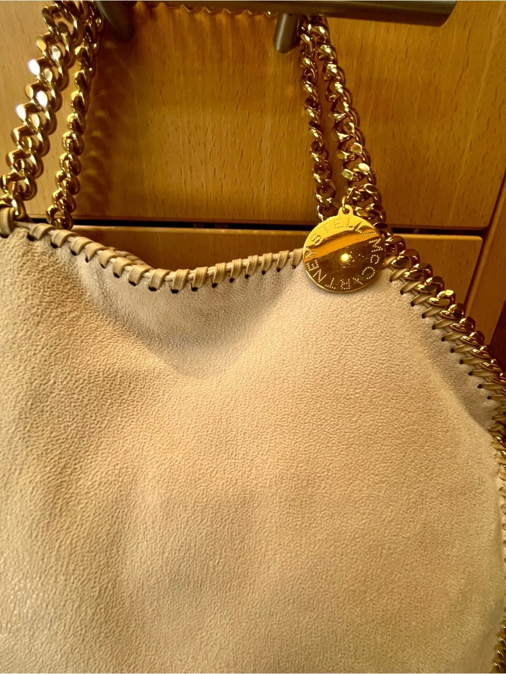 Stella McCartney Cream Falabella Fold-Over Shoulder Bag with Gold Chain